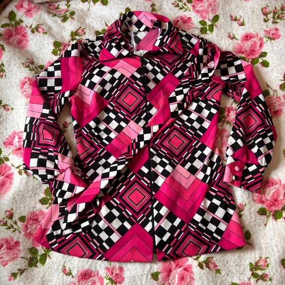 1970s DISCO handmade geometric print hot pink and black zip up belted blazer! - Picture 12 of 14